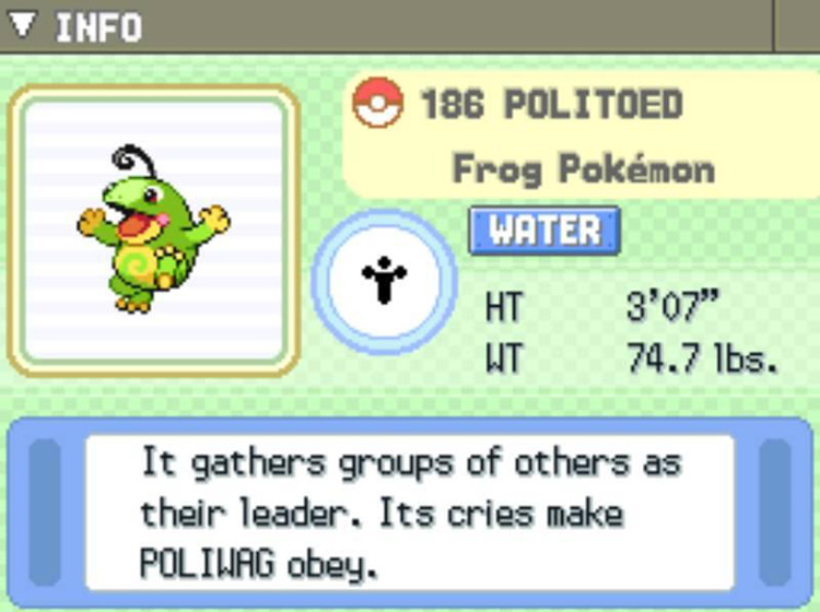The Pokédex description of the newly-evolved Politoed. / Pokémon Platinum