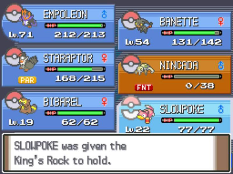 Giving Slowpoke a King’s Rock before trading it to another player. / Pokémon Platinum