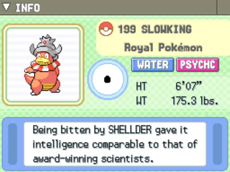 The Pokédex description of the newly-evolved Slowking. / Pokémon Platinum