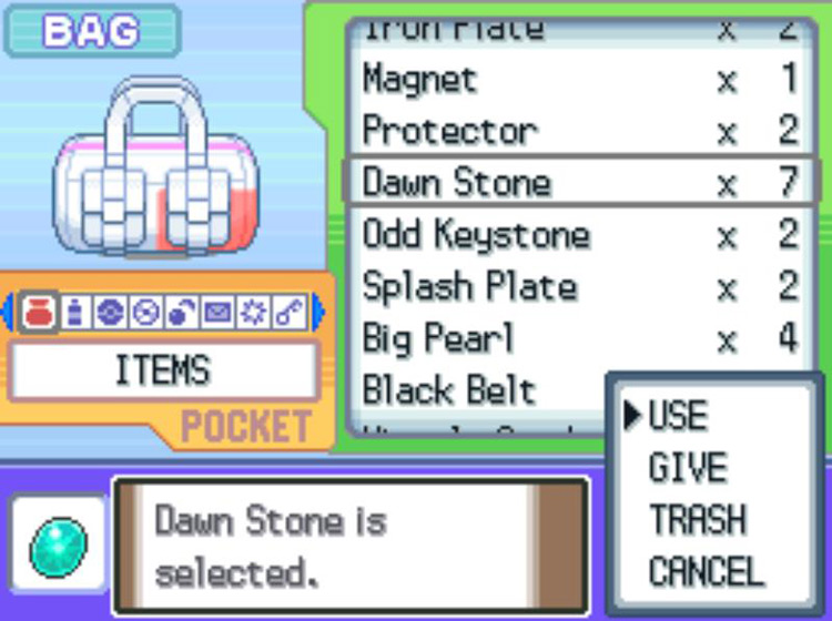 Using a Dawn Stone to evolve a Pokémon / Pokémon Platinum