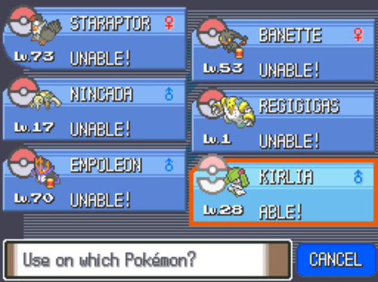 Using the Dawn Stone on a male Kirlia / Pokémon Platinum