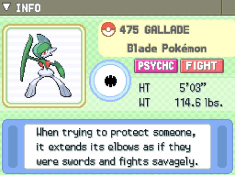 Gallade’s entry in the Pokédex / Pokémon Platinum