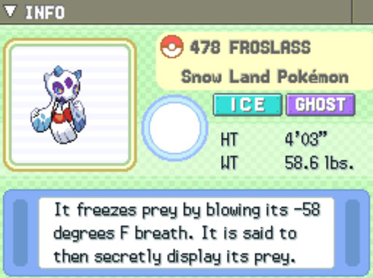 Froslass’s entry in the Pokédex / Pokémon Platinum