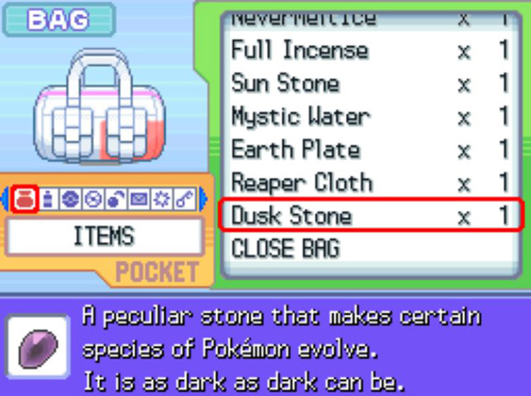 The in-game description of the Dusk Stone / Pokémon Platinum