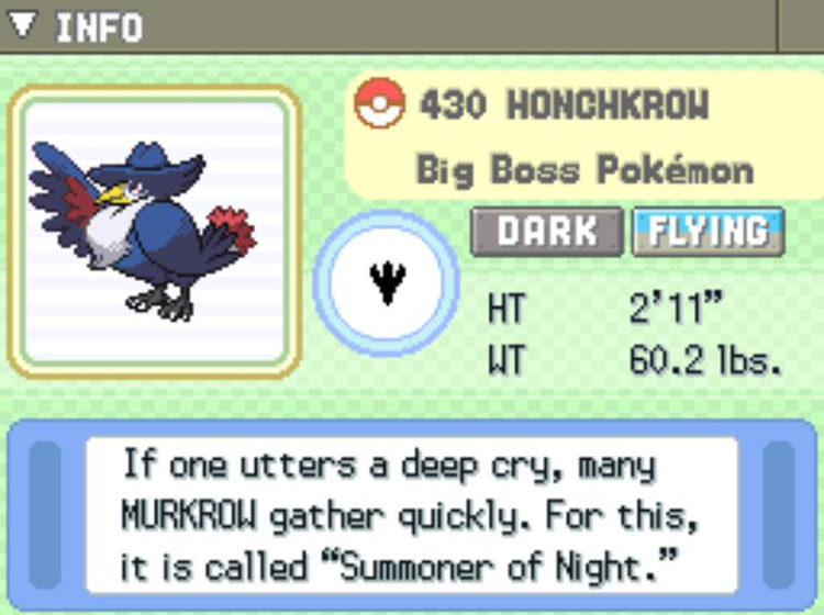 Honchkrow’s Pokédex entry / Pokémon Platinum