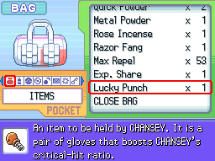 The in-game description of the Lucky Punch / Pokémon Platinum