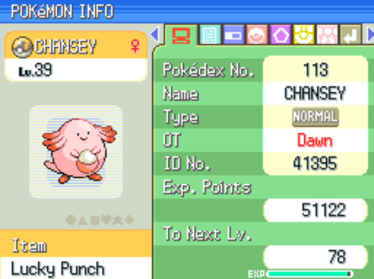 Chansey holding a Lucky Punch / Pokémon Platinum