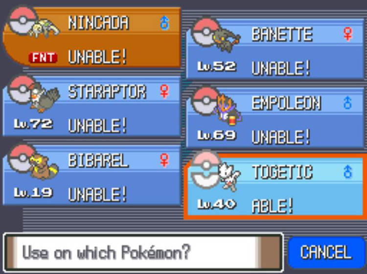 Selecting Togetic to use the Shiny Stone on / Pokémon Platinum
