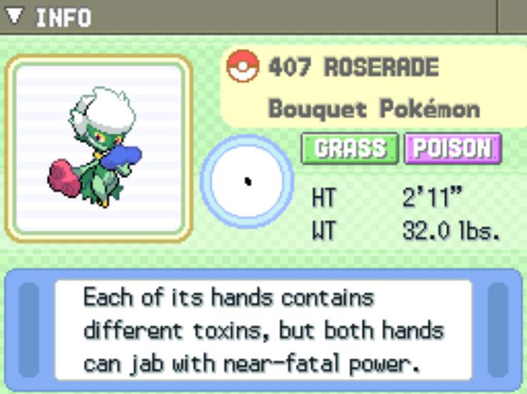 Roserade’s Pokédex entry / Pokémon Platinum