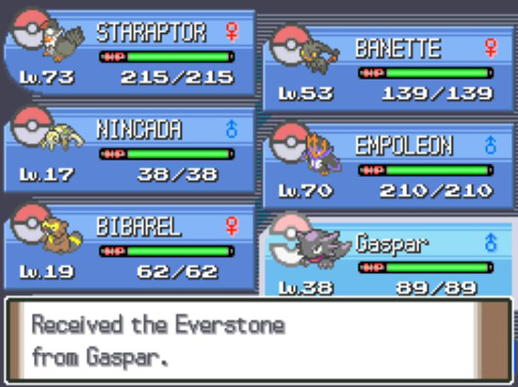 Taking the Everstone from Mindy’s Haunter, Gaspar / Pokémon Platinum
