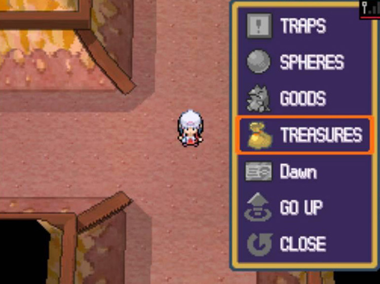 Opening the Treasures menu to send found items back up / Pokémon Platinum