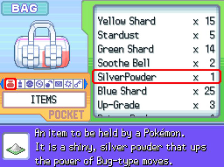 The in-game description of the Silver Powder. / Pokémon Platinum