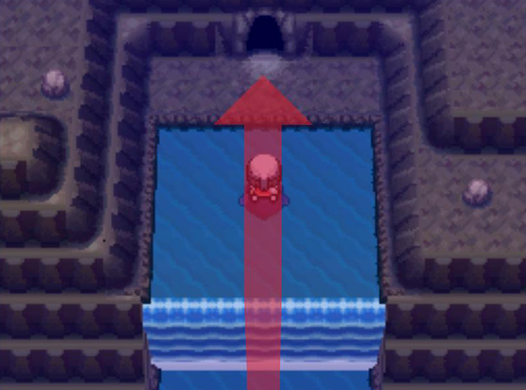 Entering the cave at the top of the waterfall. / Pokémon Platinum