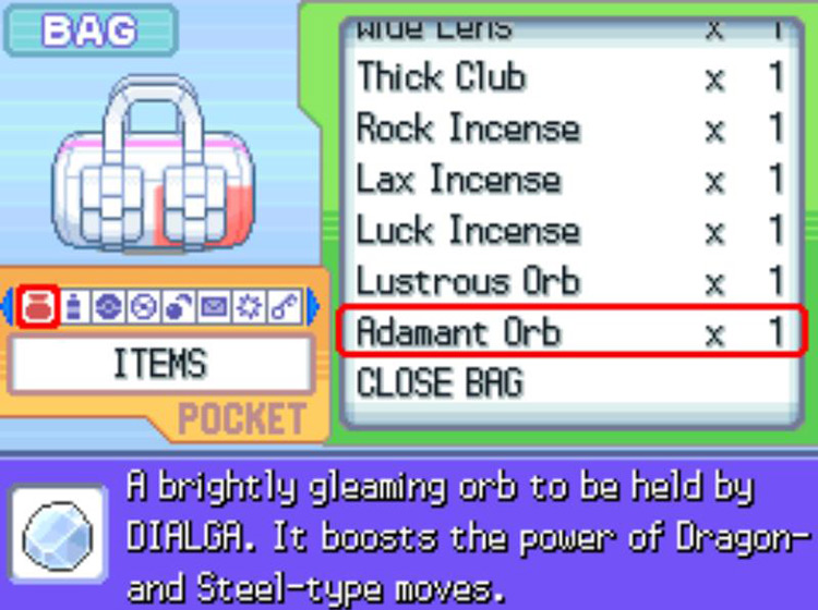 In-game description of the Adamant Orb. / Pokémon Platinum
