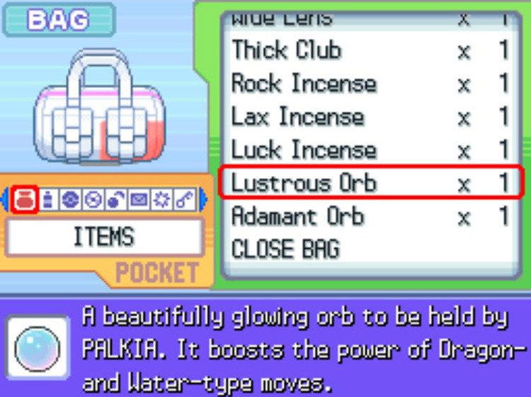 In-game description of the Lustrous Orb. / Pokémon Platinum