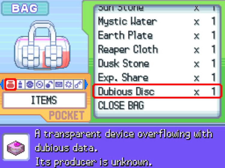 In-game description of the Dubious Disc / Pokémon Platinum