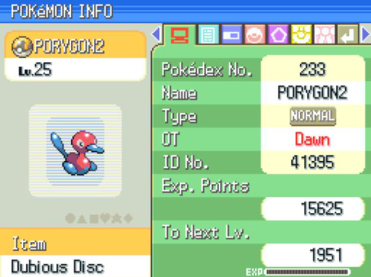 Summary of Porygon2 with the Dubious Disc in its held item slot / Pokémon Platinum