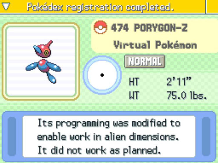 The new Porygon-Z’s Pokédex information / Pokémon Platinum