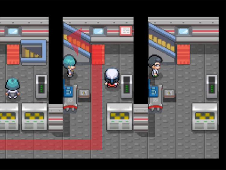 Taking the left-hand staircase to the top floor. / Pokémon Platinum
