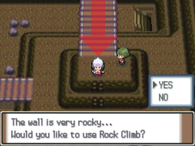 Using Rock Climb to descend the hill. / Pokémon Platinum