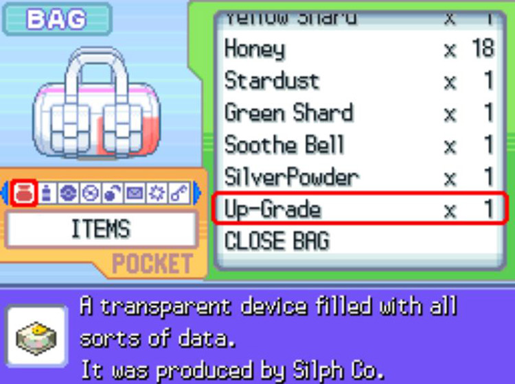 The in-game description of the Up-Grade. / Pokémon Platinum