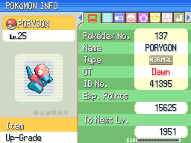 Summary of Porygon with the Up-Grade in its held item slot. / Pokémon Platinum