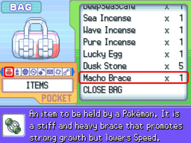 The in-game description of the Macho Brace / Pokémon Platinum