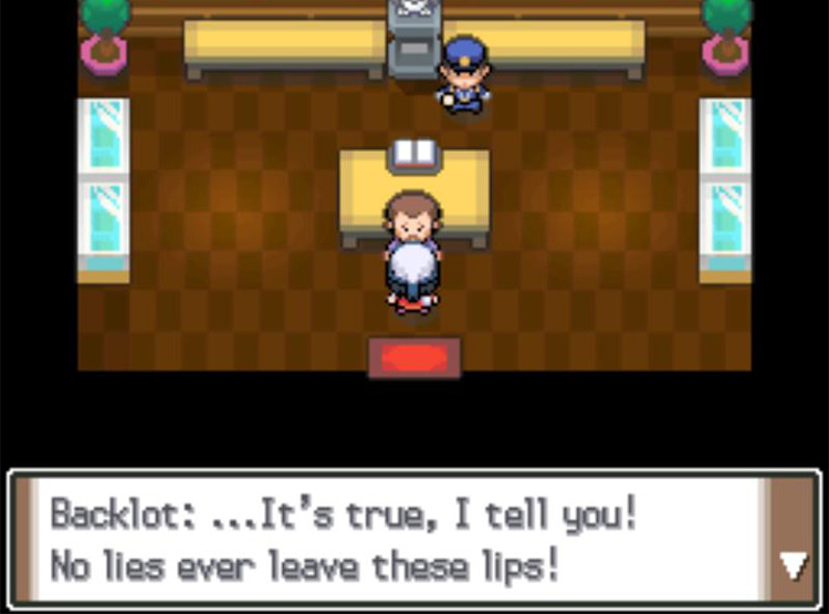 Backlot sticking with his lie after the butler leaves. / Pokémon Platinum
