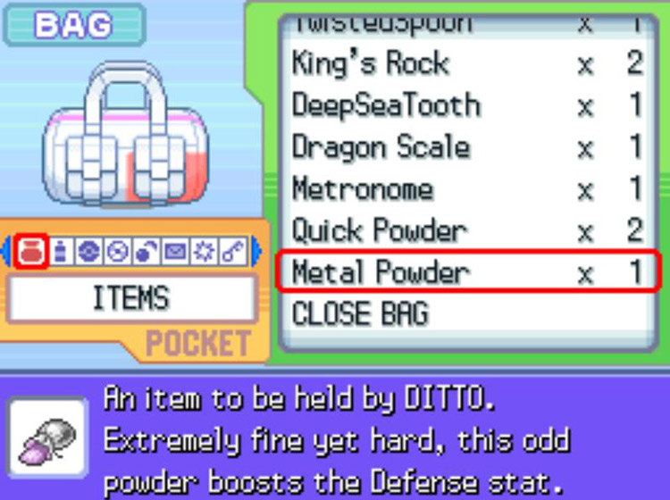 The in-game description of the Metal Powder. / Pokémon Platinum