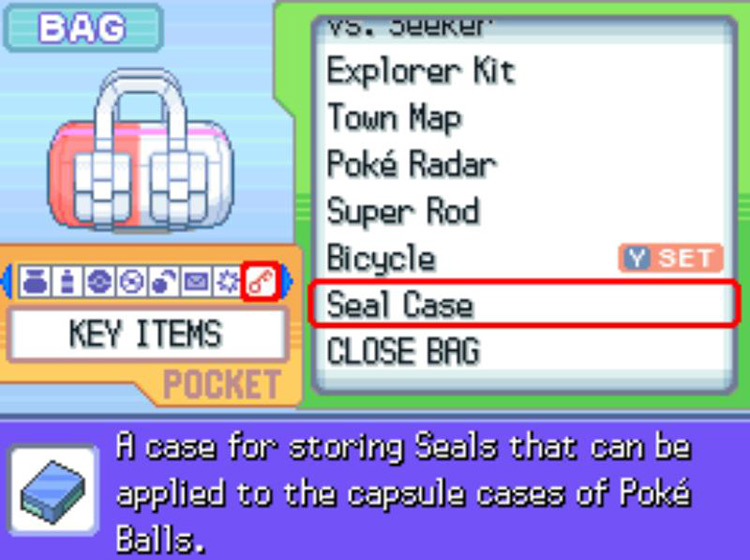 The in-game description of the Seal Case / Pokémon Platinum