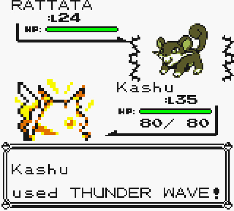 Pikachu using Thunder Wave against a wild Rattata / Pokémon Yellow