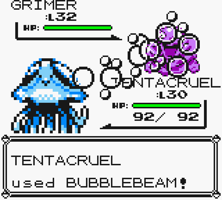 Tentacruel using Bubblebeam against a wild Grimer / Pokémon Yellow