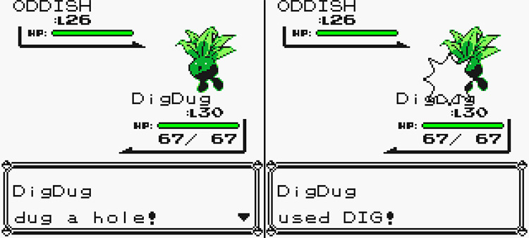 Dugtrio using Dig against an Oddish. Turn 1 (left) and Turn 2 (right) / Pokémon Yellow