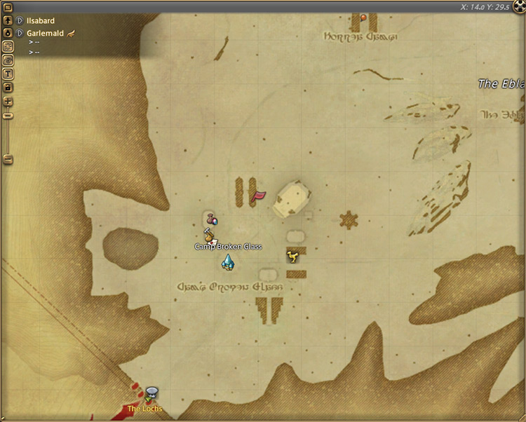 Lucia’s map location at Camp Broken Glass in Garlemald / Final Fantasy XIV
