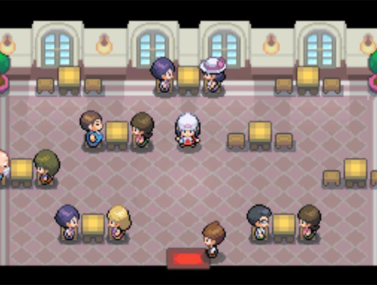 Standing in the middle of the Seven Stars Restaurant’s dining area. / Pokémon Platinum