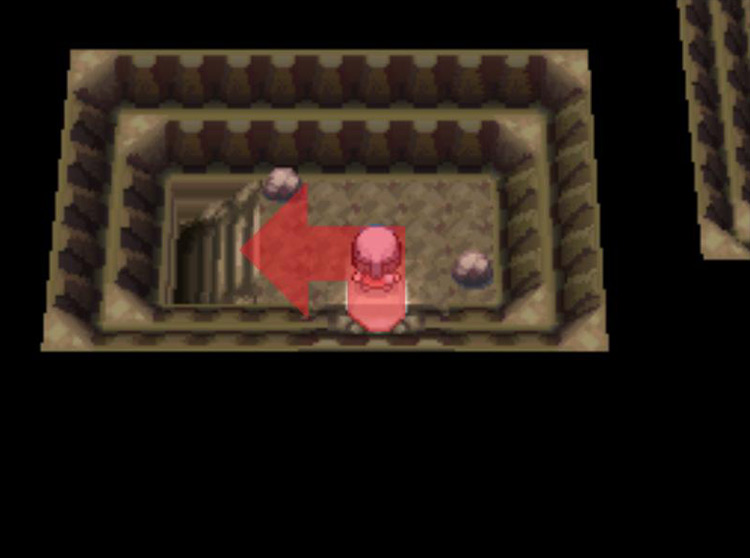 Heading downstairs in the newly illuminated cave. / Pokémon Platinum