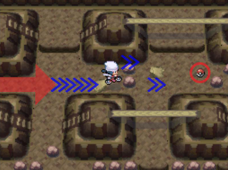 Jumping the ramp to reach Grip Claw on the other side. / Pokémon Platinum