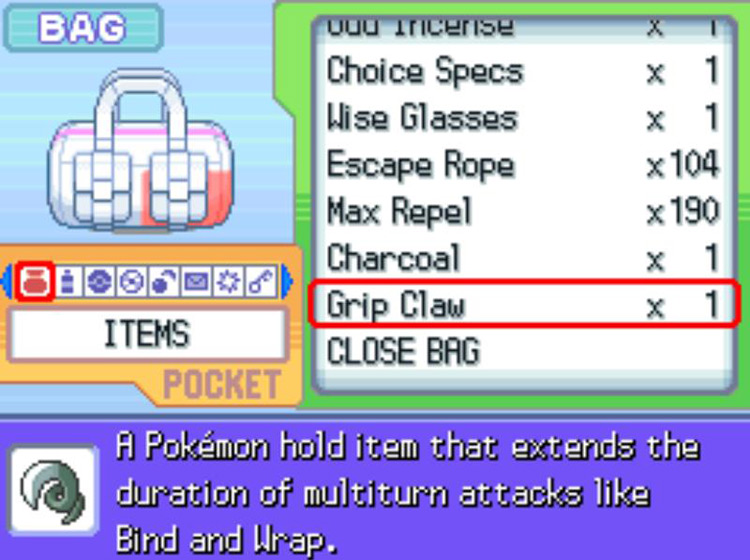 In-game description of the Grip Claw. / Pokémon Platinum