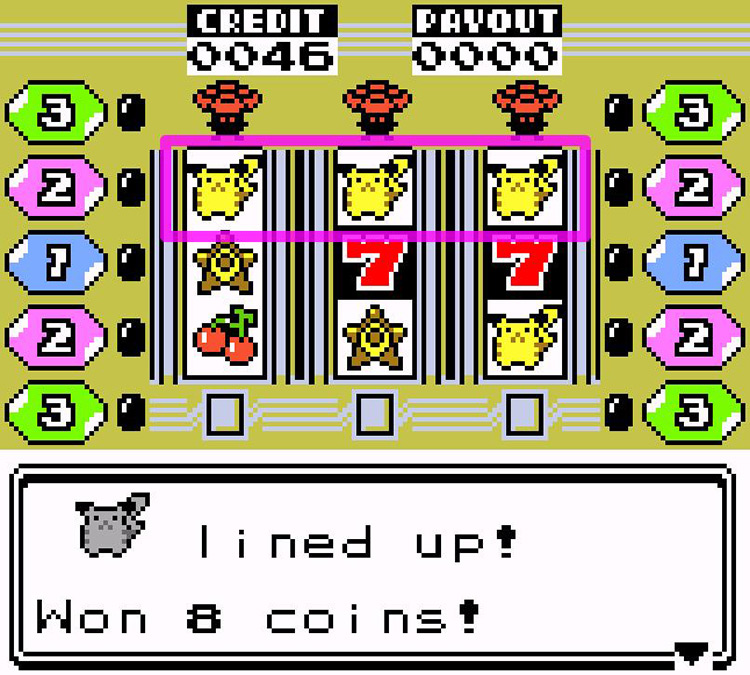Winning eight coins after Pikachu lines up in the top row. / Pokémon Crystal