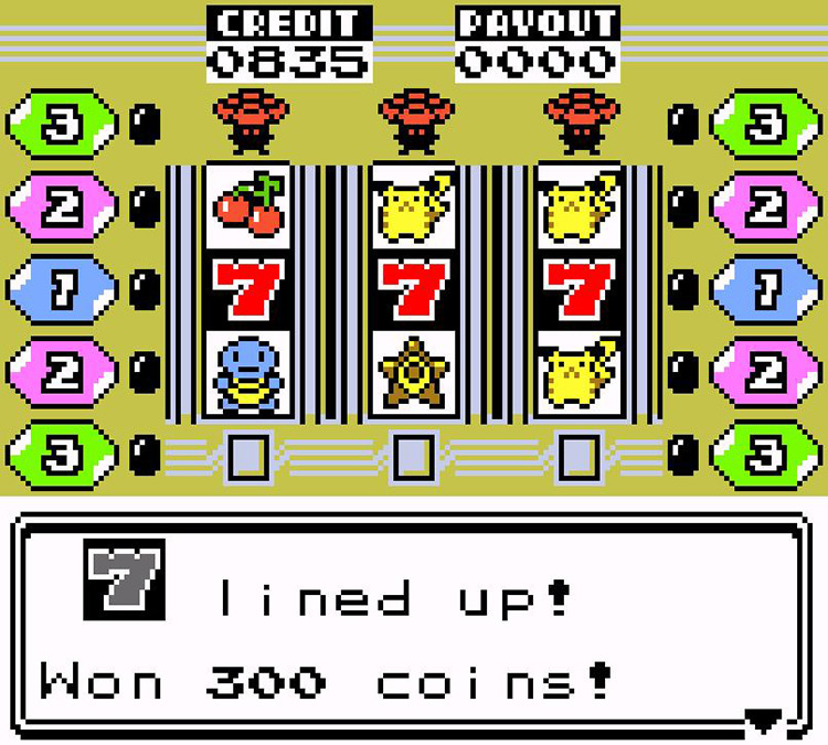 Triple Seven (777) lines up in a Slot Machine. / Pokémon Crystal