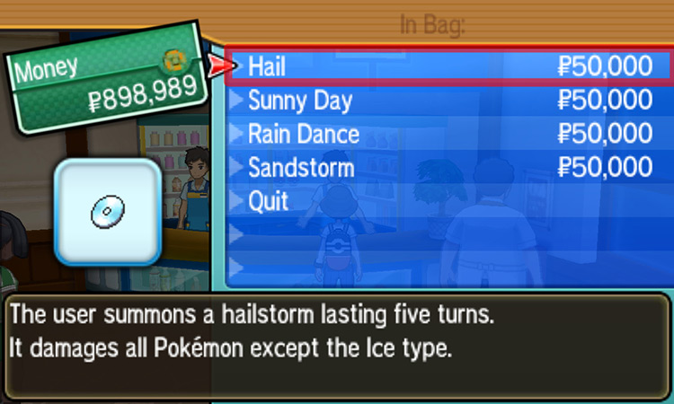 Choosing Hail from the list of TMs. / Pokémon Ultra Sun and Ultra Moon