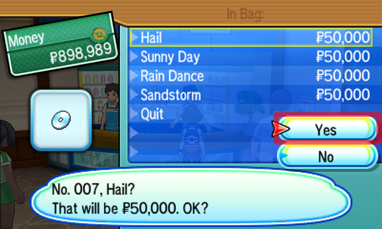 Buying TM07 Hail from the TM shop. / Pokémon Ultra Sun and Ultra Moon