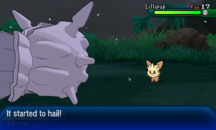Hail falling during a battle. / Pokémon Ultra Sun and Ultra Moon
