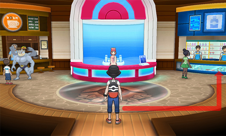 Walking to the PokéMart counter inside the Pokémon Center. / Pokémon Ultra Sun and Ultra Moon