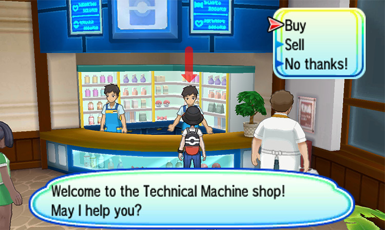 Talking to the clerk on the right side of the counter. / Pokémon Ultra Sun and Ultra Moon