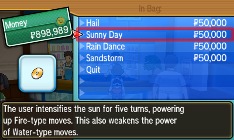 Selecting Sunny Day from the Technical Machine Shop’s menu. / Pokémon Ultra Sun and Ultra Moon