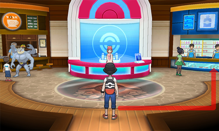 Walking to the counter on the right side of the Pokémon Center. / Pokémon Ultra Sun and Ultra Moon