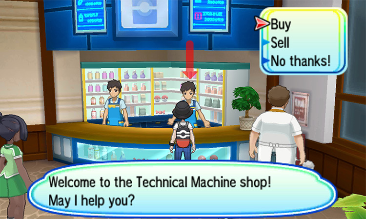 Talking to the Technical Machine Shop’s clerk. / Pokémon Ultra Sun and Ultra Moon