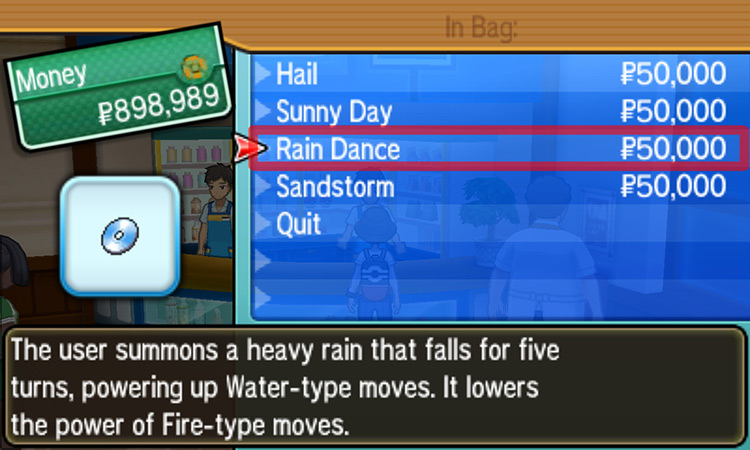 Buying TM18 Rain Dance from the TM Shop’s menu. / Pokémon Ultra Sun and Ultra Moon