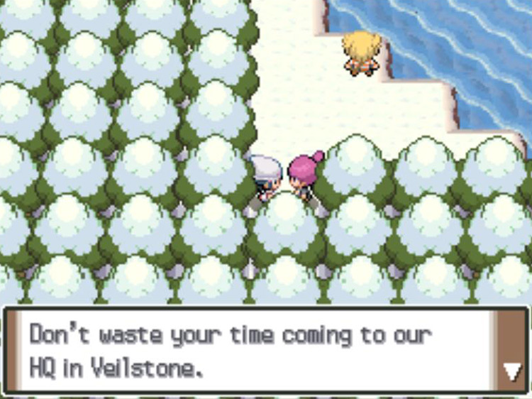 Commander Jupiter revealing a nefarious plot unfolding in Veilstone City. / Pokémon Platinum